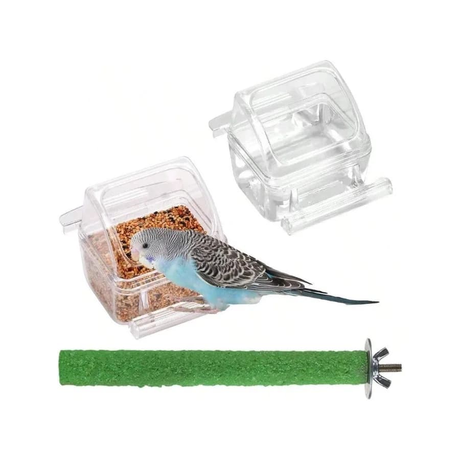 【Nuovo stile】Confezione da 2 ciotole e contenitori per alimenti - Mangiatoia per gabbie per uccelli con posatoio per parrocchetti - Design senza disordine