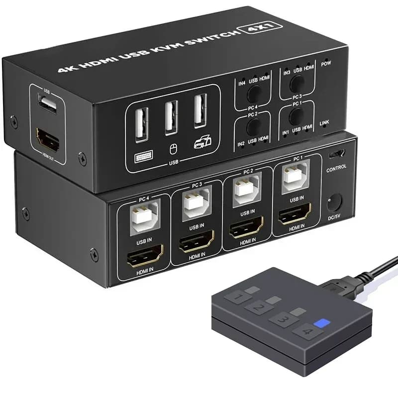 4 port HDMI KVM Switch HDMI 4 in 1 output 4K 60Hz with desktop controller for 4 PC Share keyboard mouse monitor