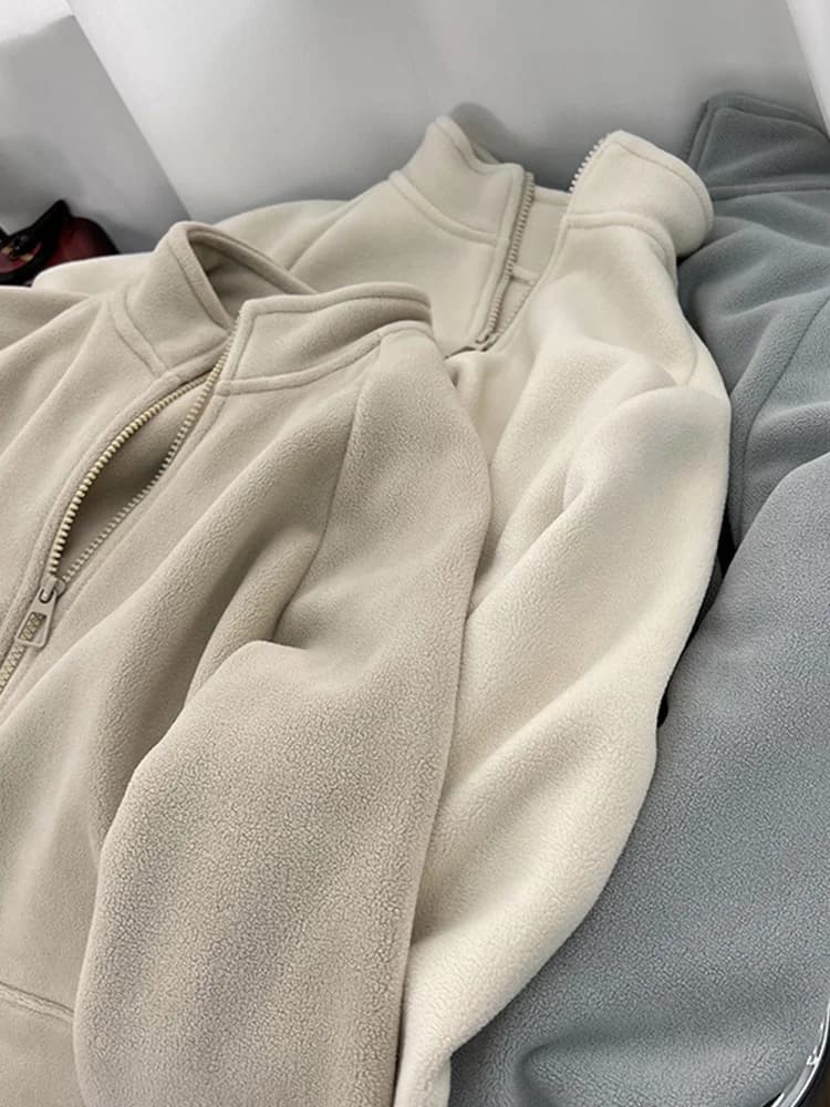 Double-Sided Fleece Warm Zipper Hoodie Jacket Women's Oversize Loose Small Size Fleece Open Cardigan Autumn Winter