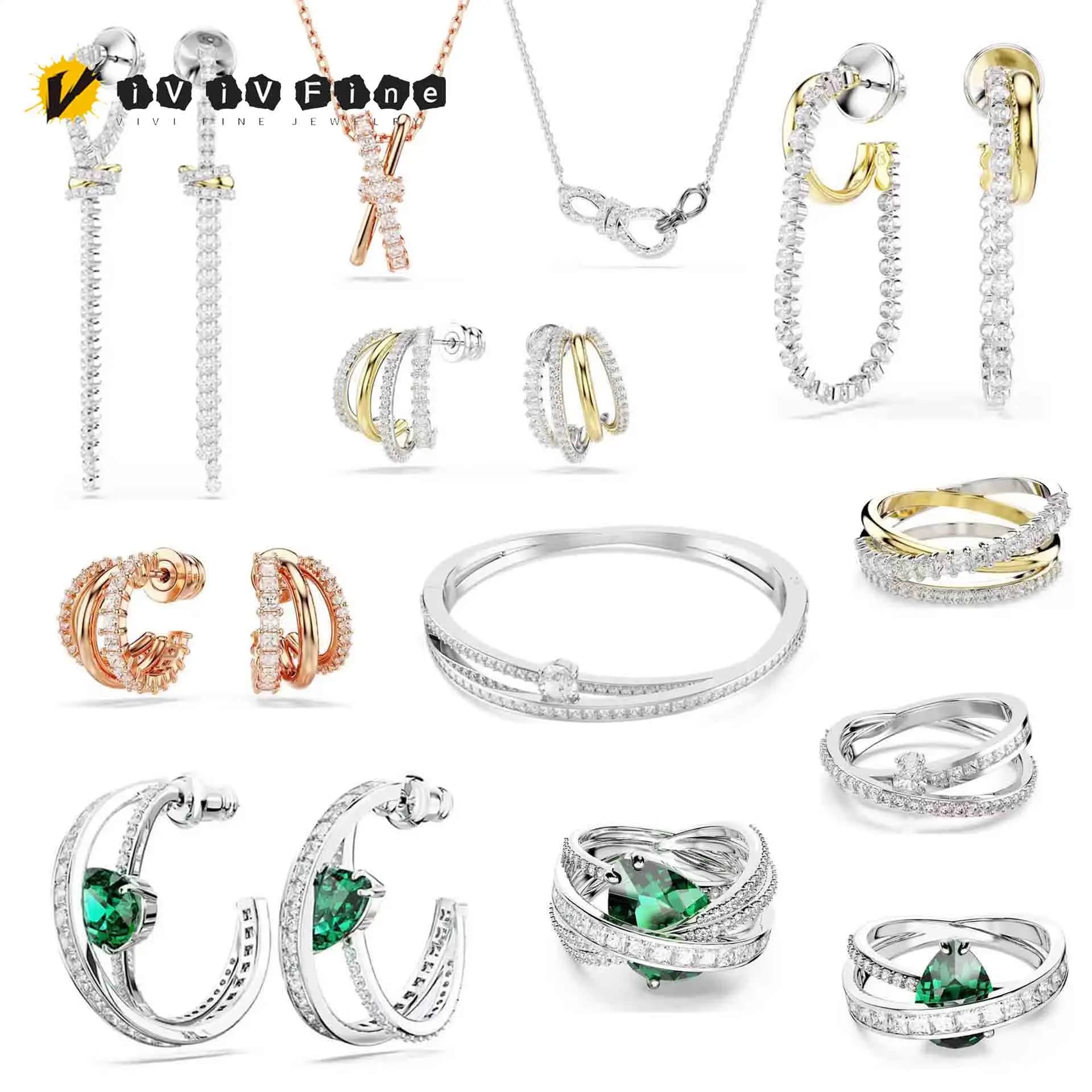 New Trend Sparkling Green Crystal Geometric Earring Ring Fine Jewelry Set Charming Women's Multi-layer Pendant Necklace Bracelet
