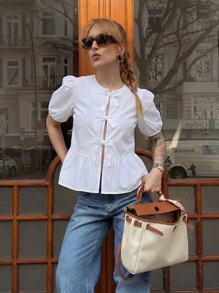 Camicetta da donna alla moda con lacci, maniche corte a sbuffo, stile Y2K, tinta unita, top dolce da ragazza, camicia estiva casual da donna per streetwear