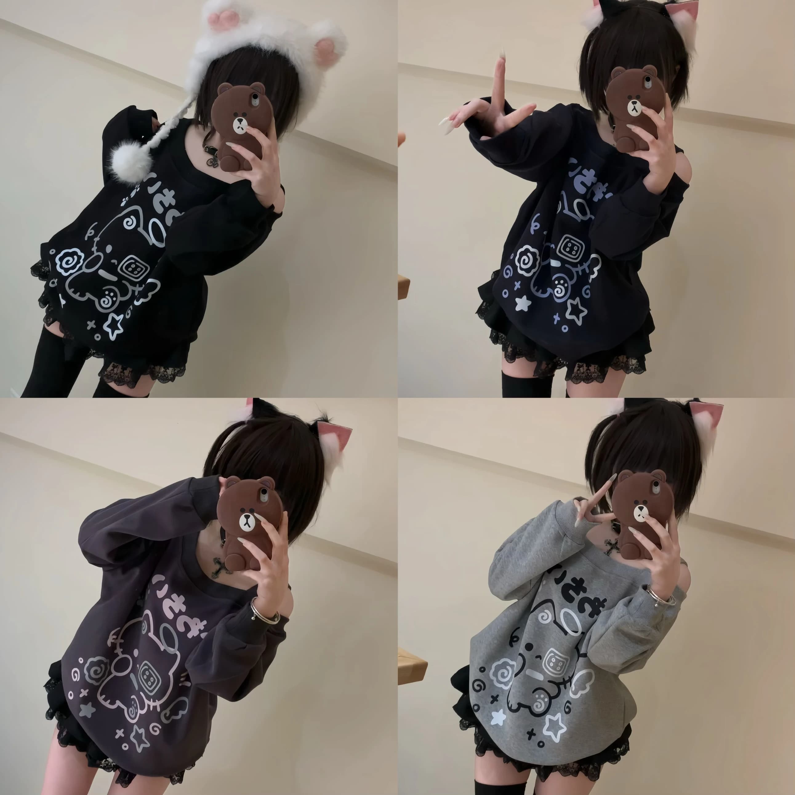Cute Shoulder Bared Long Sleeve round Neck Hoodie Loose Fit Comfortable Spring Women's Sweatshirt Cotton Polyester Blend