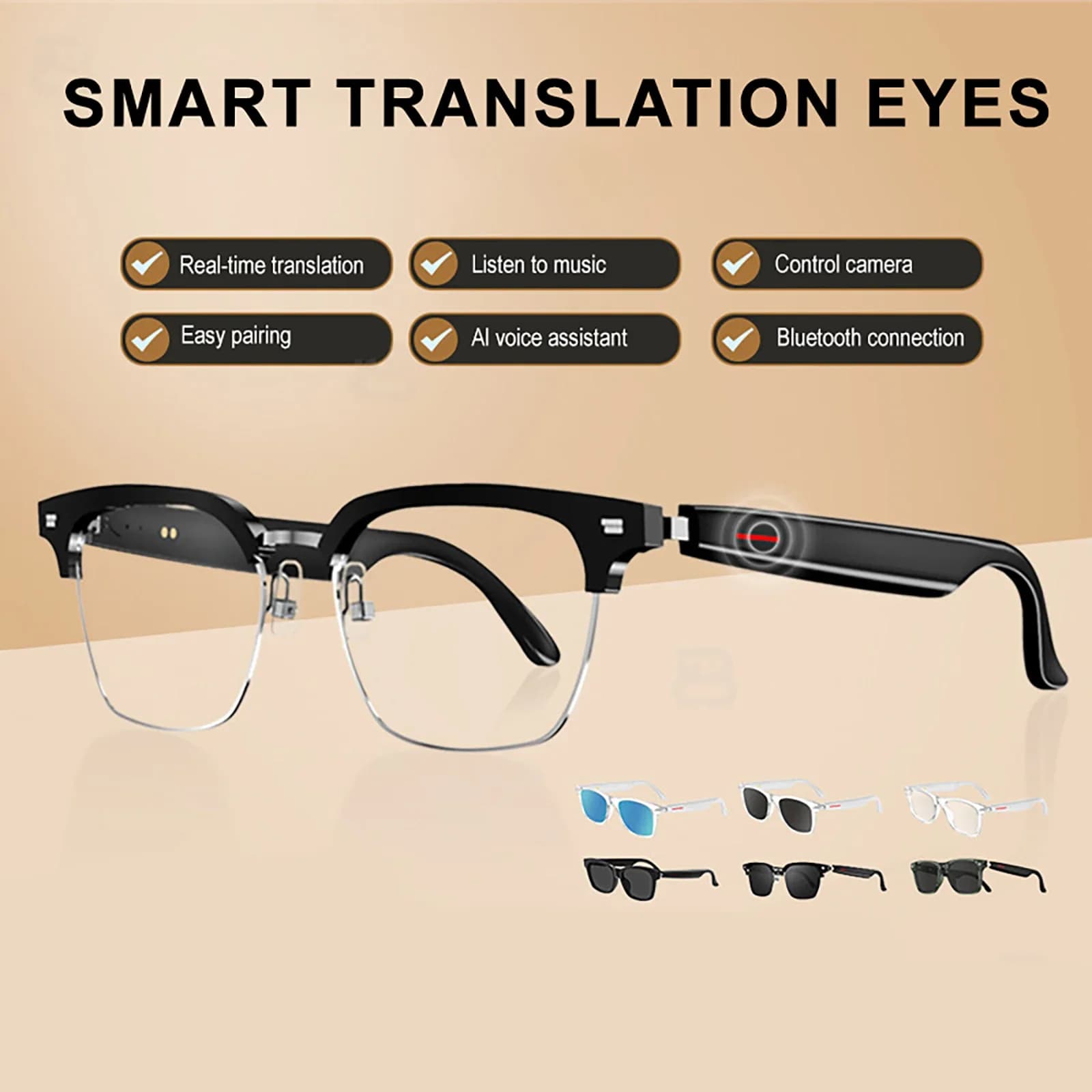 Intelligent glasses and translator and headphones 3 in 1 with microphone Voice assistant Bluetooth camera control Smart Bluetooth glasses
