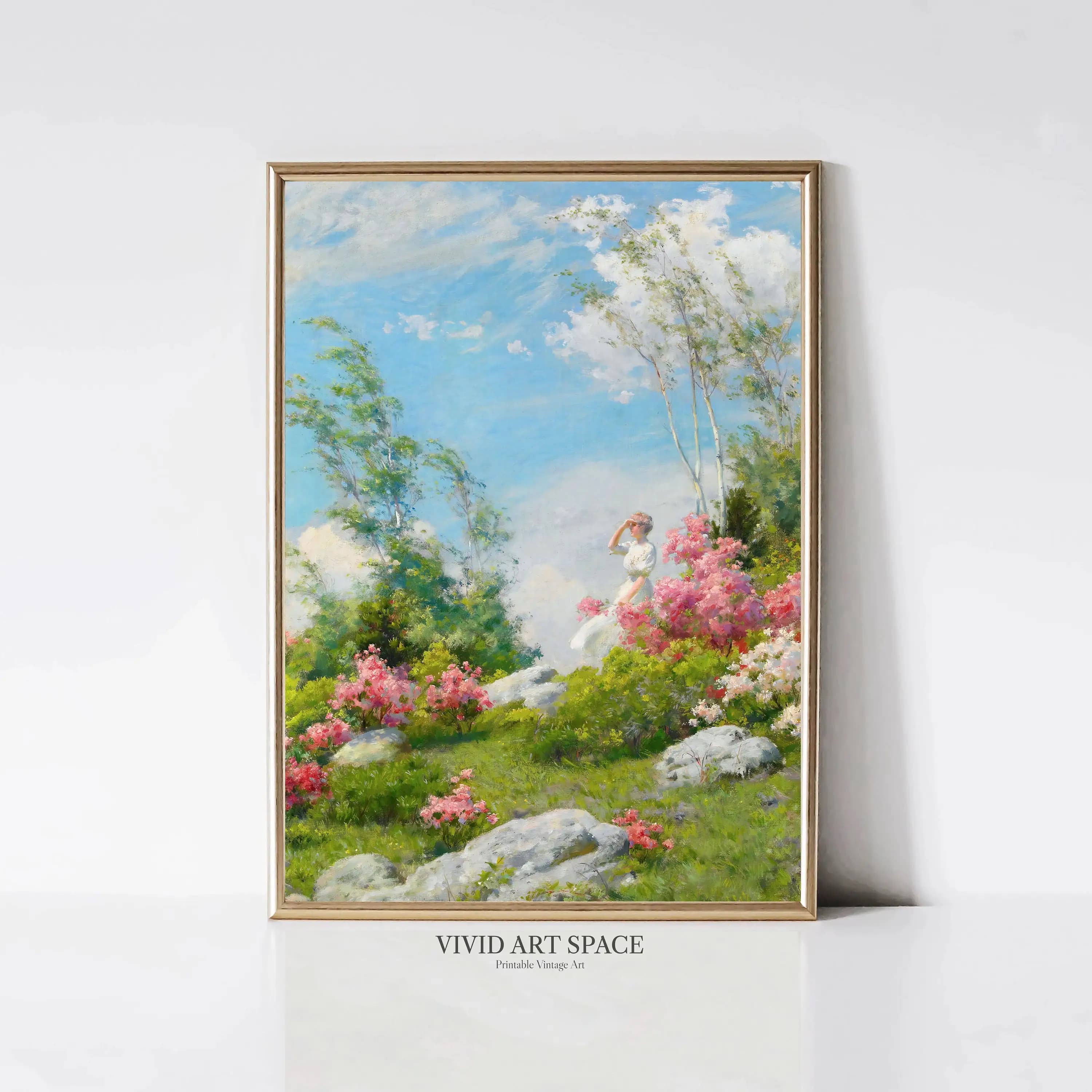 (No frame)Vintage Landscape River Flowering Garden Forest Meadow Poster Print Wall Art Pictures Canvas Painting Living Room H