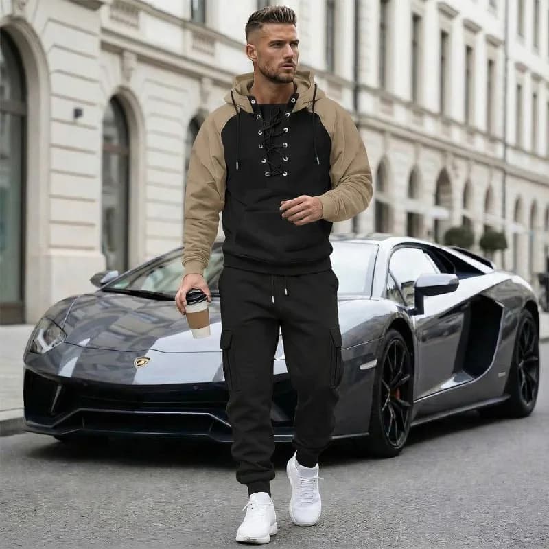 Men's suit 2 pieces with raglan sleeves, hoodie and jogger cargo pants, casual streetwear set in various colors