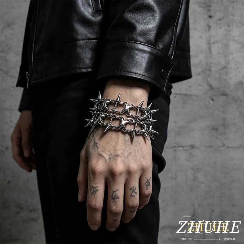 Men Women Universal Copper Alloy Material Pointed Spike Chain Wrist Bracelet Alternative Rock Jewelry Accessories, Dark Grunge S