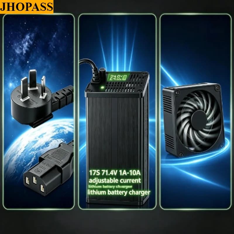 Caricabatterie intelligente 17S 220V 71.4V 1A-10A con LCD e corrente regolabile per batterie agli ioni di litio e LiFePO4, per carrelli elevatori e lavasciuga pavimenti, con spina UK EU AU