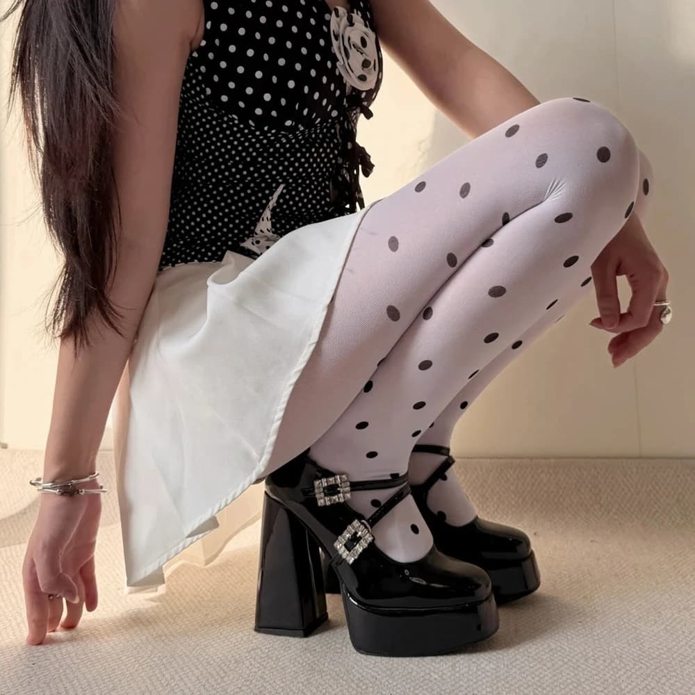 Collant a pois bianchi Y2K da donna, in velluto vintage a vita alta, collant a pois, leggings modellanti da strada