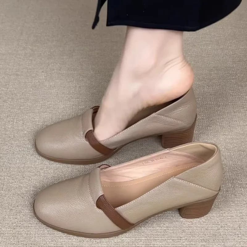 Elegant and Comfortable Women's Shoes with Square Heel, Lightweight and Nice, Brown Slip-on, for Spring