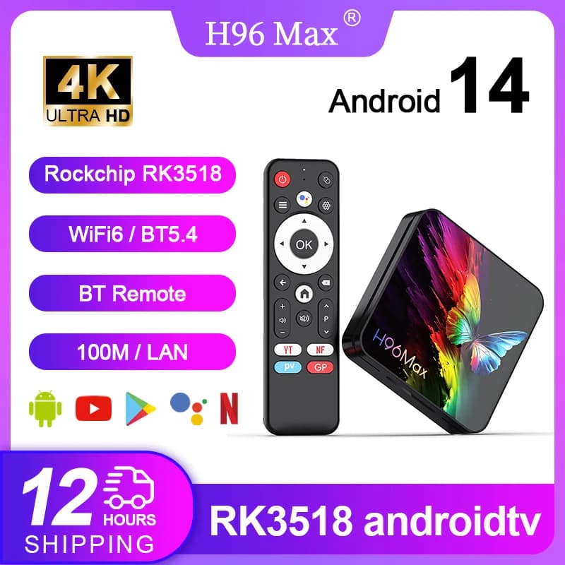 H96Max RK3518 Android 14 TV Box 4K Quad Core WiFi6 BT5.4 Assistente vocale Google con nuovo set top box con design a lente a farfalla