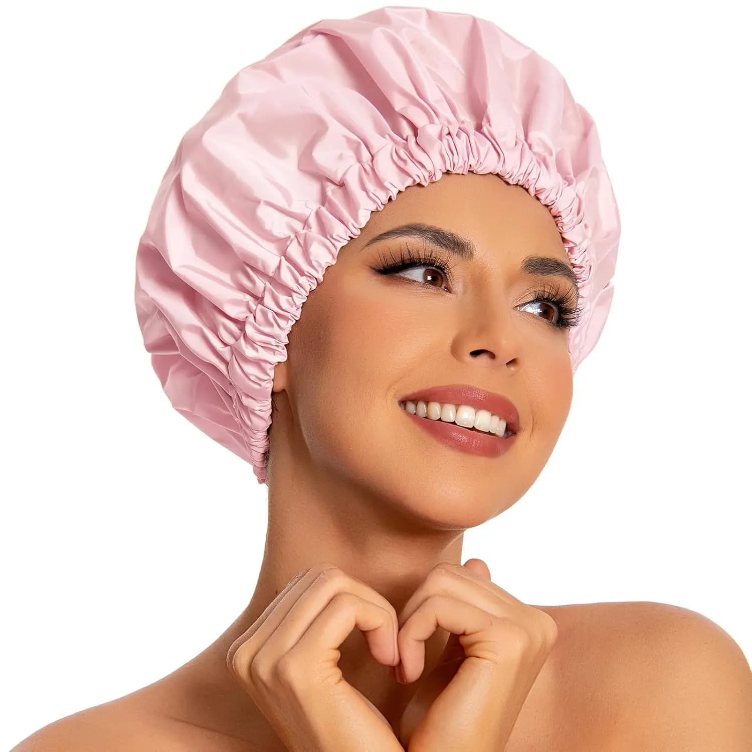 Cuffia da doccia riutilizzabile per donna, grande cappello da bagno impermeabile lavabile con fascia elastica per capelli lunghi, trecce (Rosa)