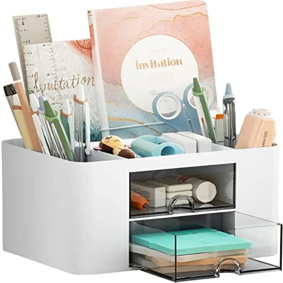 Pen Organizer with 2 Drawer, Multi-Functional Pencil Holder for Desk, Desk Organizers and Accessories with 5 Compartments + Dra
