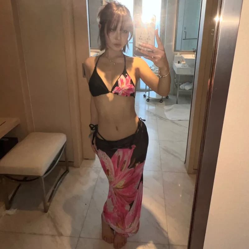Tropical Pink Lily Print Halter Bikini Three Piece Set Women Side Tie Mesh Long Cover Up Skirt Beach Swimsuit