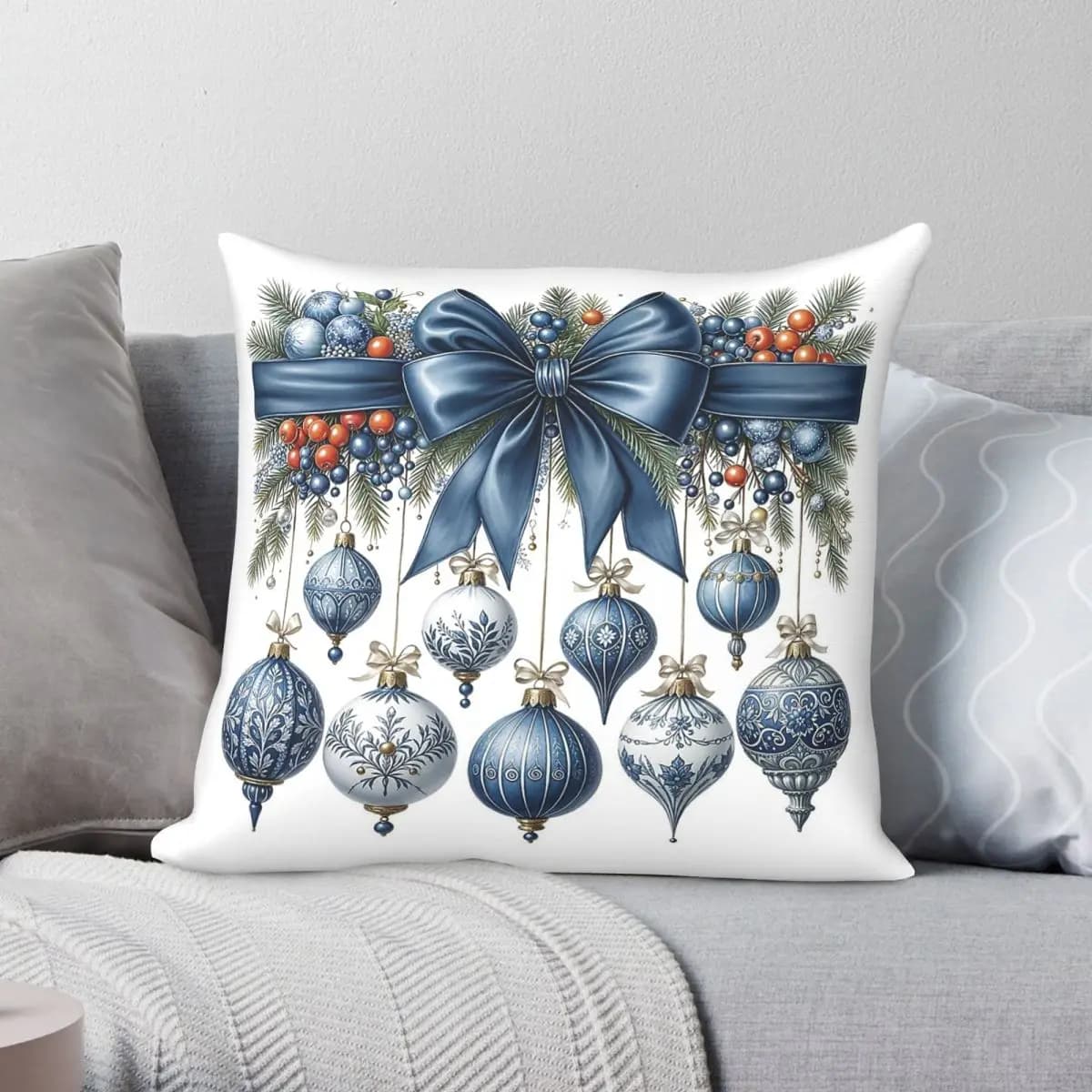 Fodera per cuscino natalizia blu e bianca in poliestere, lino e velluto, con cerniera decorativa, per letto, all'ingrosso