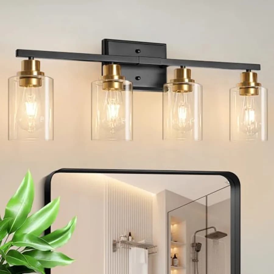 Lampada da Bagno Moderna a 4 Luci per Specchio, Applique da Parete Nera e Oro con Pannelli in Vetro Trasparente, Ideale