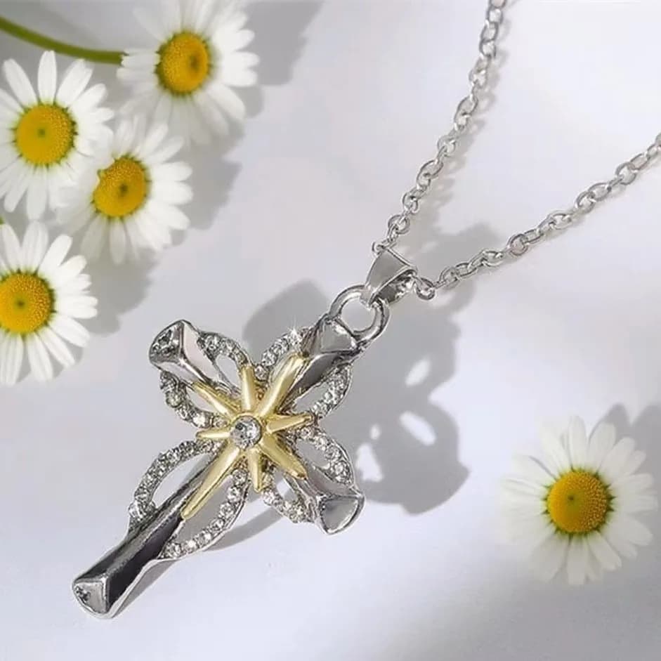 Collana con Ciondolo a Croce Bicolore, Placcata in Argento e Oro con Zirconi, Gioielli Religiosi per Donne e Uomini, Idea Regalo