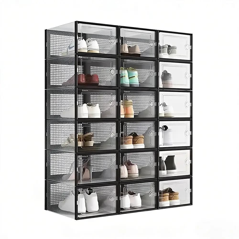 12 Pack Clear Plastic Shoe Storage Boxes with Front Opening Door, Stackable Ventilated Shoe Organizer Containers, Foldable Sneaker Display Case for Closet Bedroom Sneaker Storage