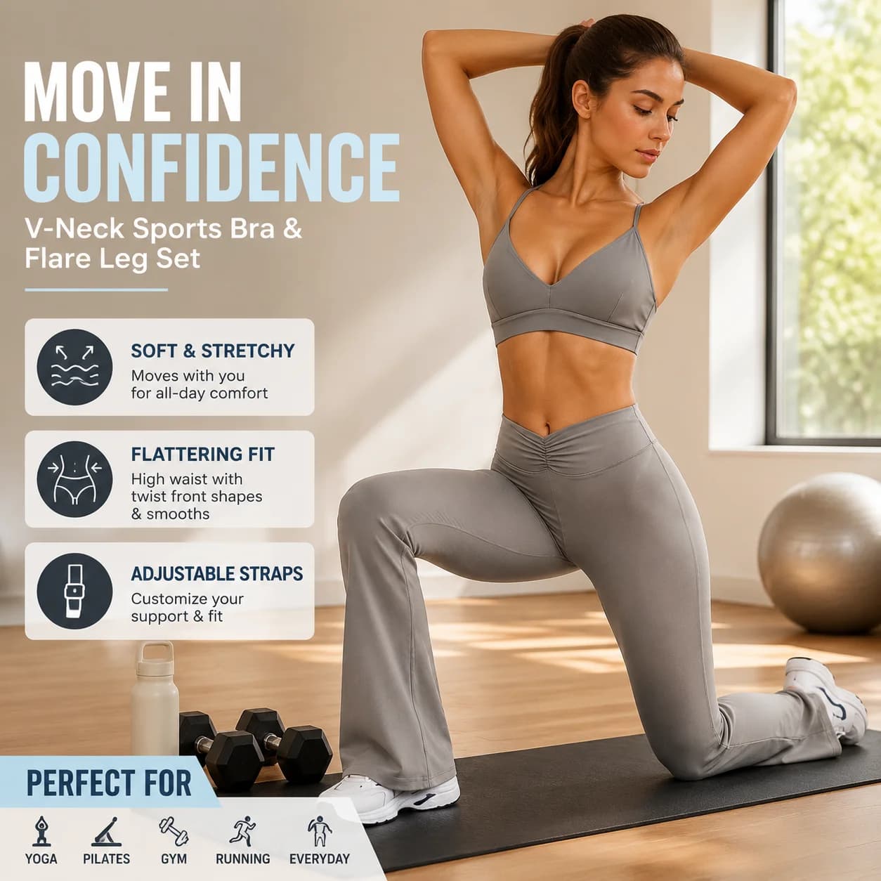 Women's V-Neck Sports Bra & V-Waist Flare Leggings Set - Adjustable Strap Sculpting Yoga Gym 2-Piece Suit, Multiple Colors, S-XL