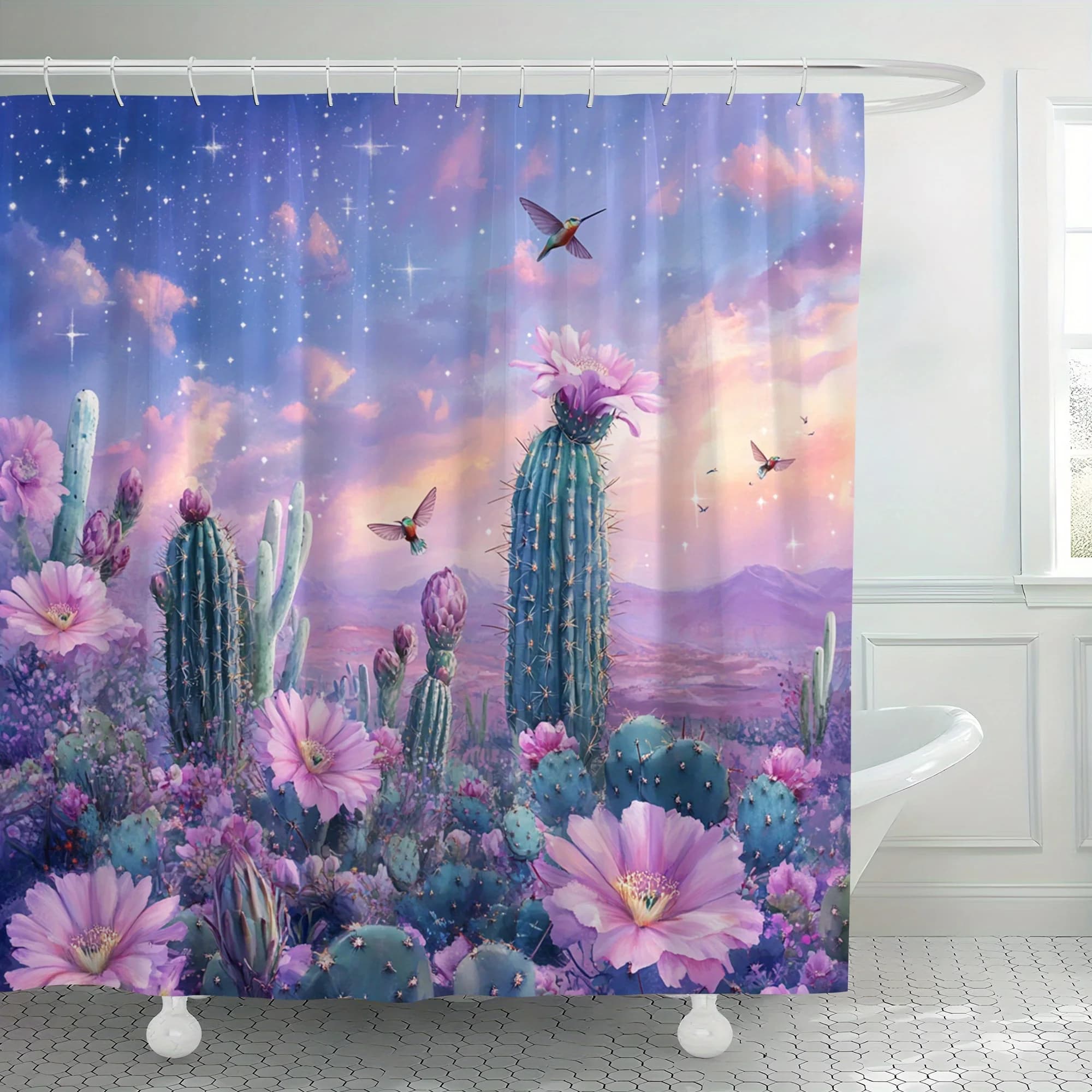 Tenda da doccia con fiori di cactus del deserto da sogno 1 pezzo - Tessuto in poliestere vibrante con cielo notturno stellato e design di fiori in fiore, Machi