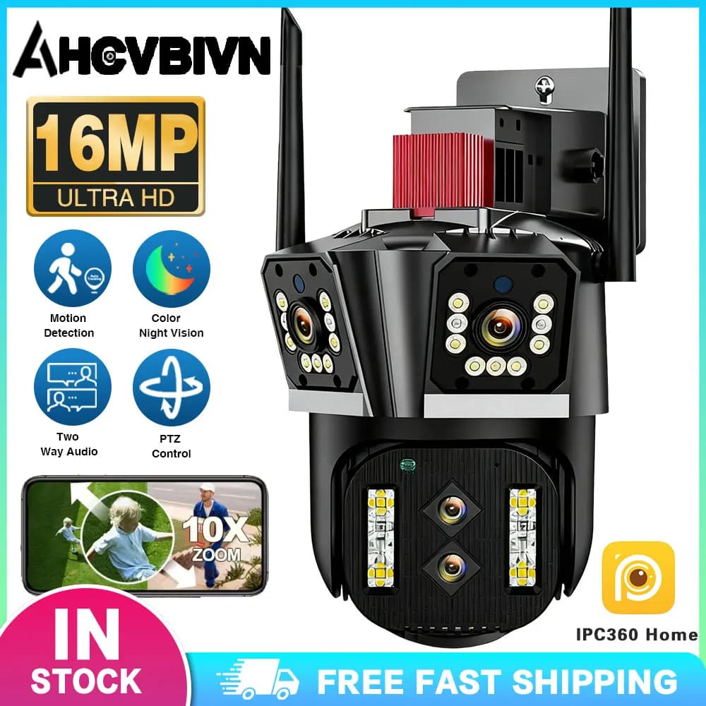 Telecamera IP PTZ WiFi 16MP HD con Zoom 10X, Audio Bidirezionale, Monitor per Bambini, Impermeabile, Quattro Lenti, Visione Notturna a Colori
