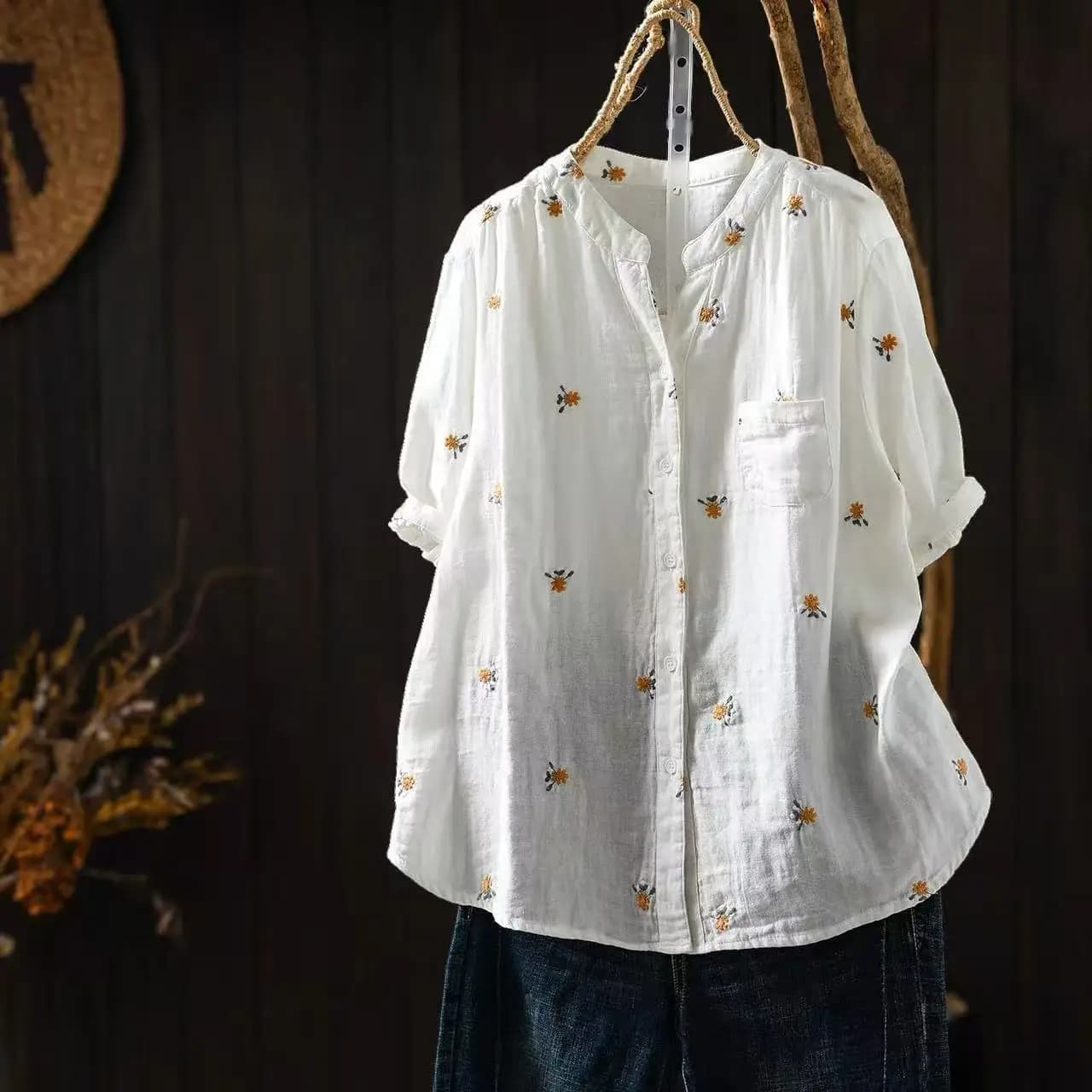 2026 Middle aged women clothes 100% cotton yarn white navy blue gray embroidered shirts and blouses summer tops
