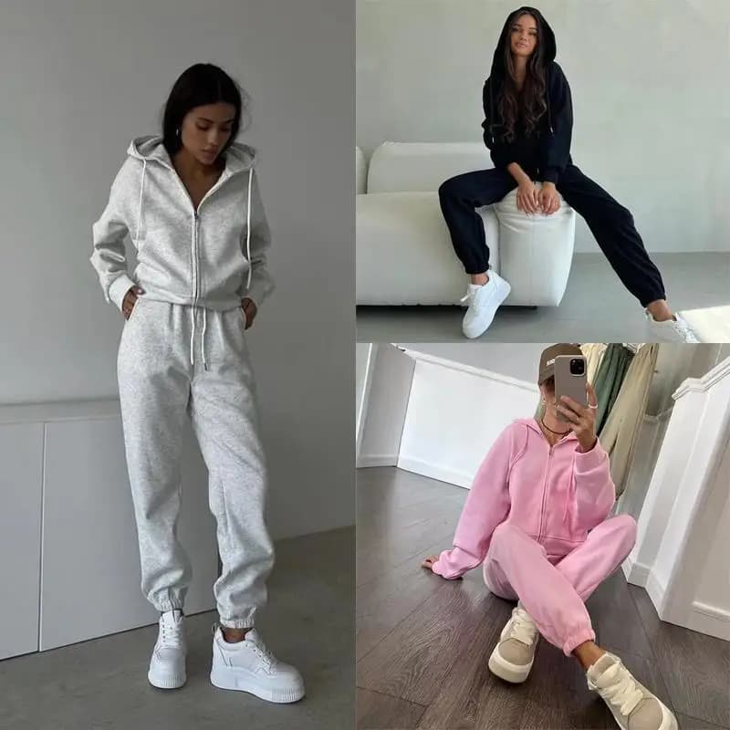 Ladies Casual Long Sleeve Hoodie Zip up Elastic Waist Pants Two Piece Set Spring Season Chinese Brand Fashion Sportswear