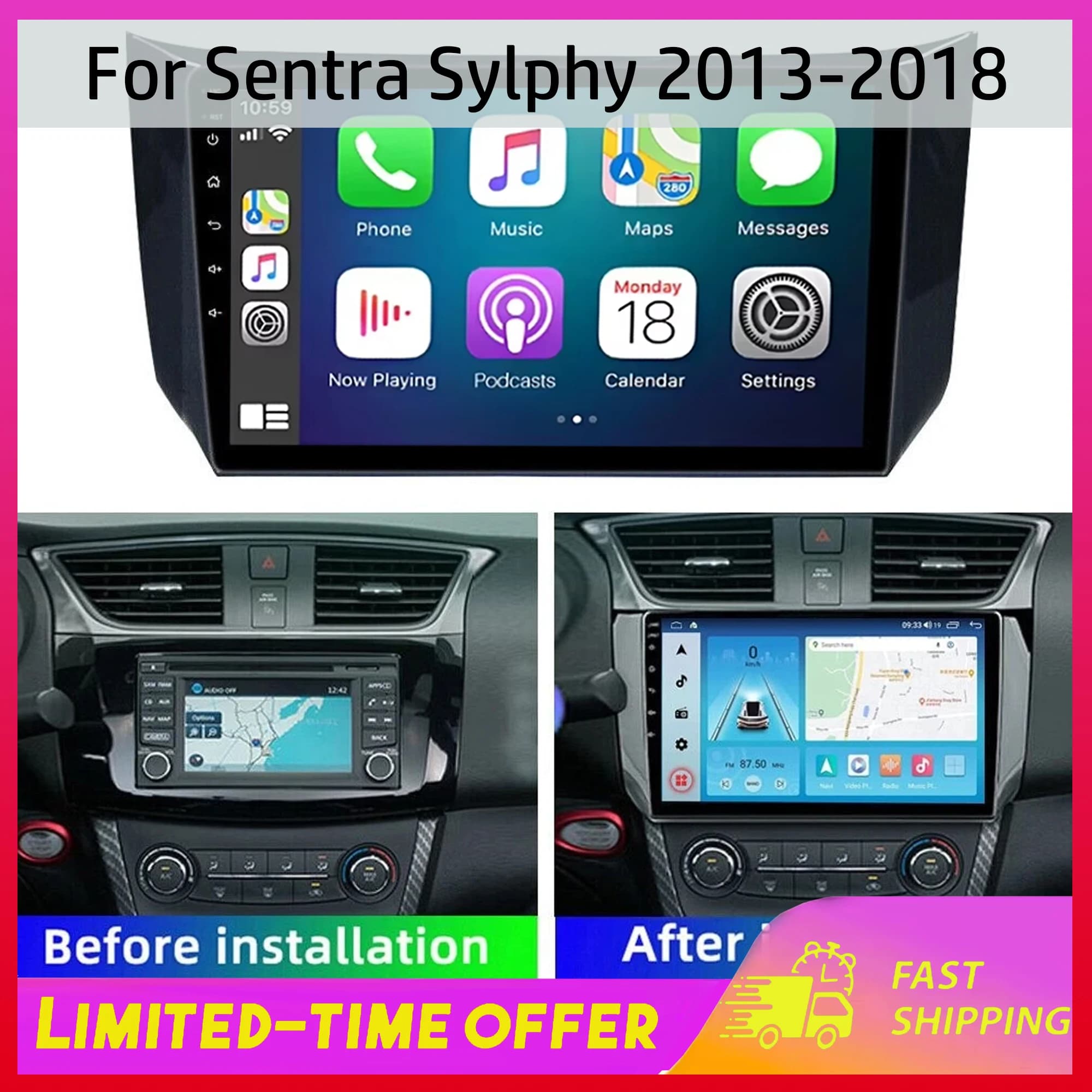 Autoradio Android 15 from 10 Poles for Nissan Sylphy Sentra 2013-2018, Multimedia GPS Navigator with Carplay, 2+32GB