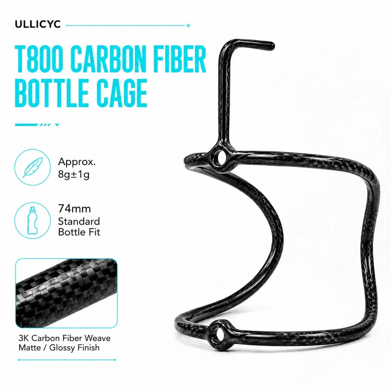 ULLICYC Full Carbon Fiber Bicycle Water Bottle Cage,Ultra Light 8g,For MTB/Road Bike,With Screw,Bike Accessories