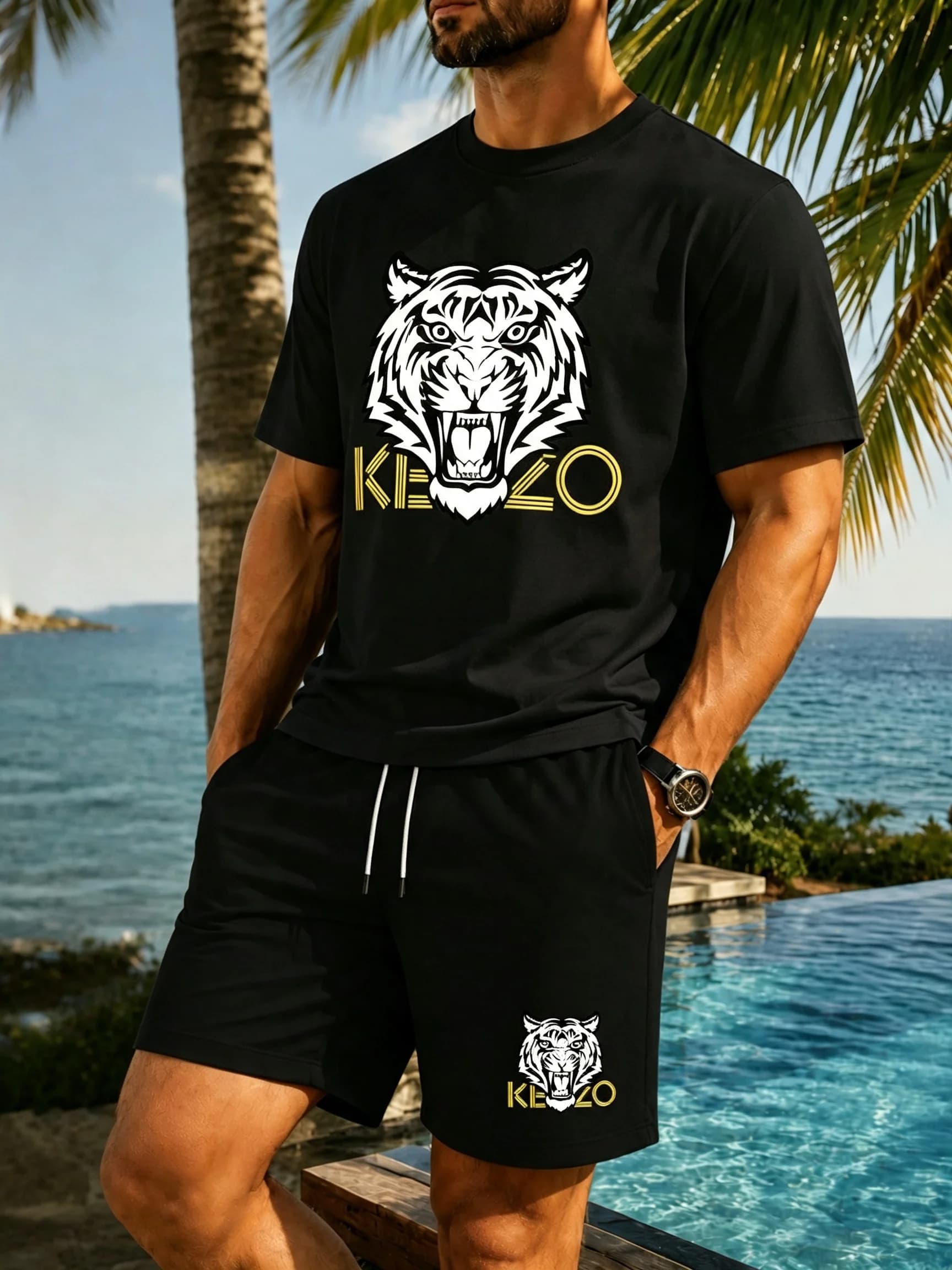 Men's breathable tiger print T-shirt and shorts set - quick-drying sports wear - summer two-piece sports outfit fashion Trend