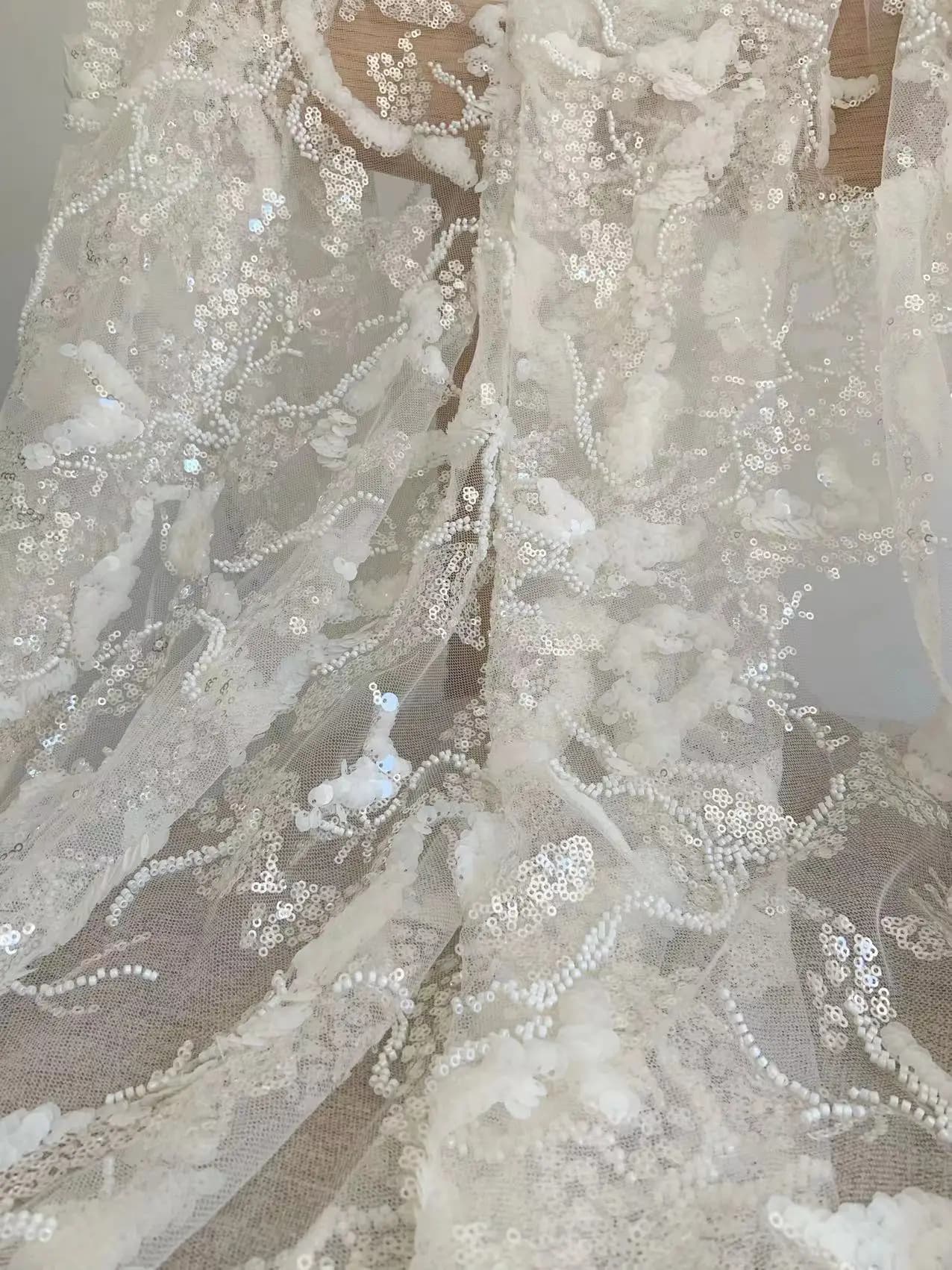 Beige Sequined Seed Beads Tulle Lace Fabric Gauze with Ivory Clouds for Wedding Dress,Bridal Supplies by Yard