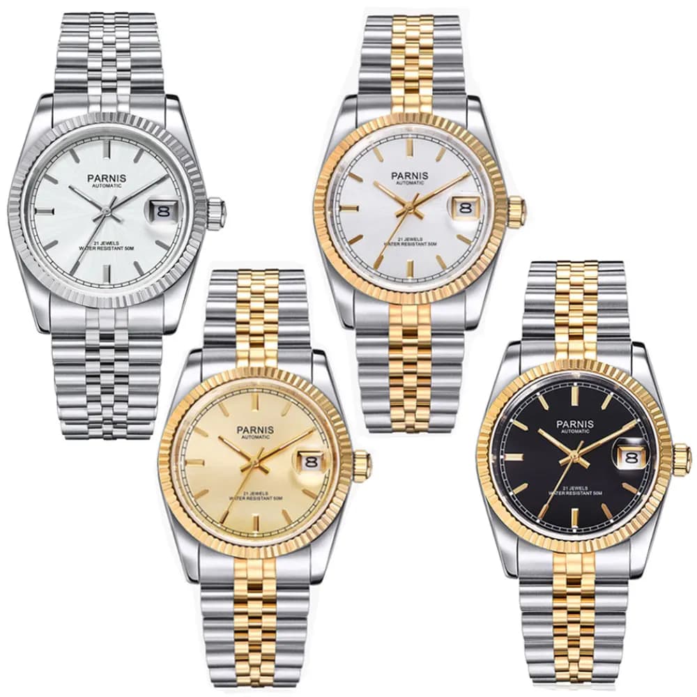 Parnis 36mm Watch Men's Automatic Miyota 8215 Luxury 5ATM Dial Gold/Black/Silver Unisex Glass Sapphire Date Bracelet Solid