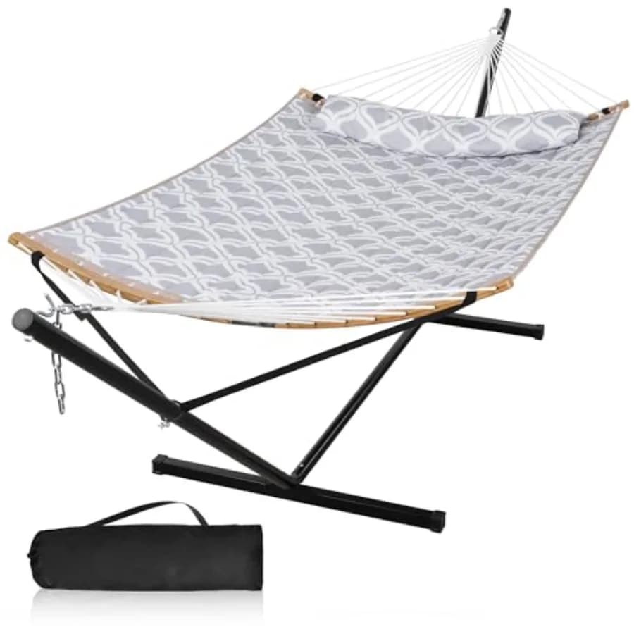 Large Self-supporting Amaca with 3.6m Steel Support and Curve Bar, Gray Wave Pattern, Includes Bearing and Portable Bag