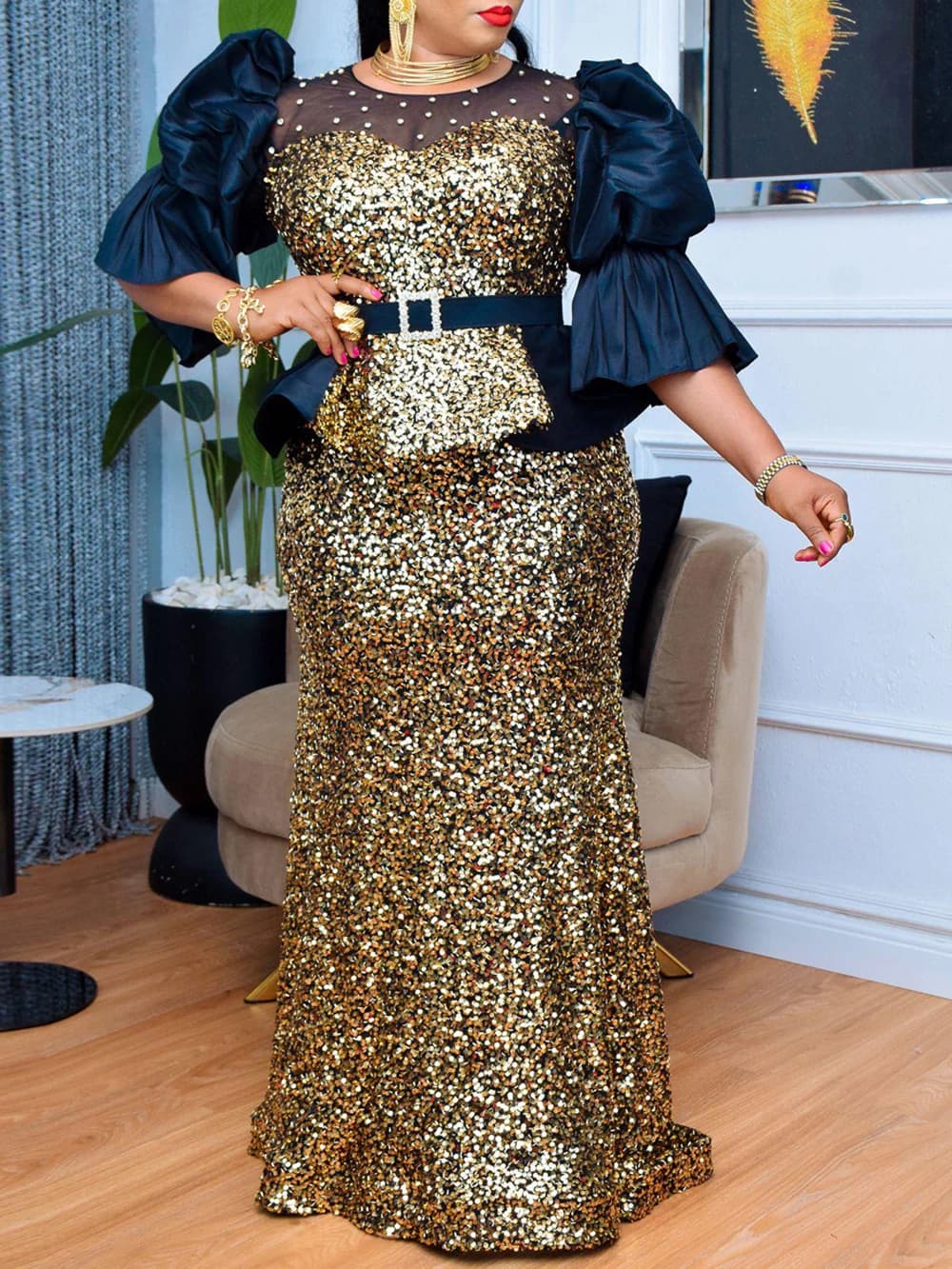 Luxury Sequin Mermaid Dresses For Women Wedding Party Prom Evening Long Dress Puff Sleeve Bodycon Robe Birthday Ladies Clothing