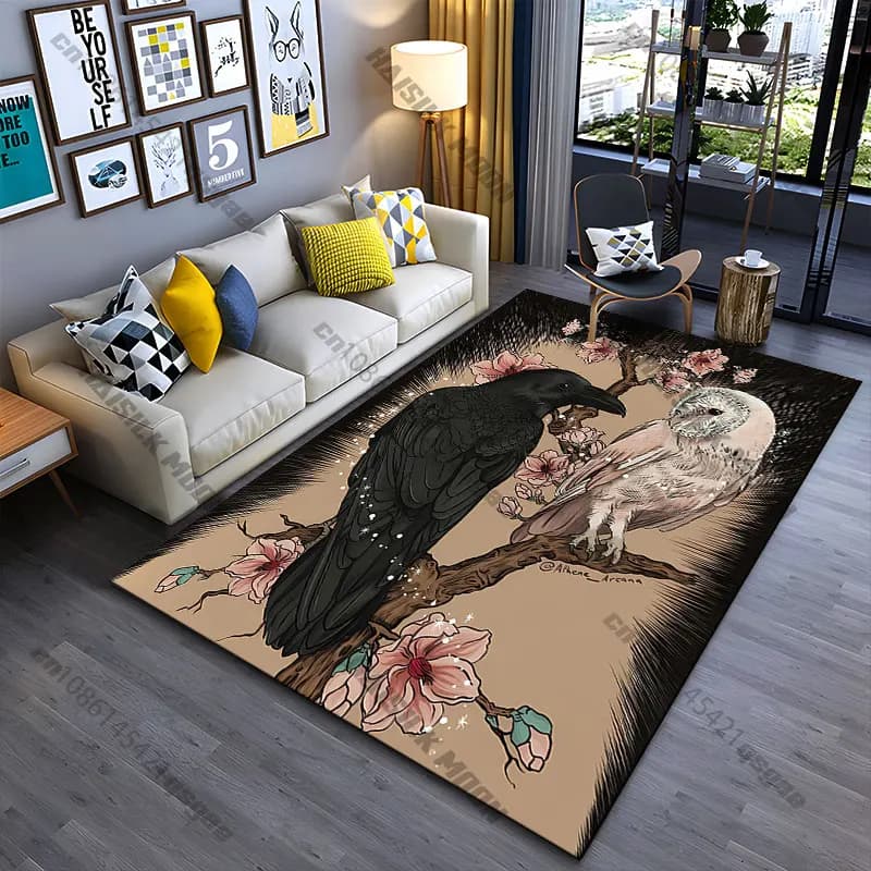 Tappeto con uccelli a contrasto e fiori di ciliegio, tappeto da yoga, decorazione per soggiorno, tappetino per bambini, zerbino, tappeto per area gioco
