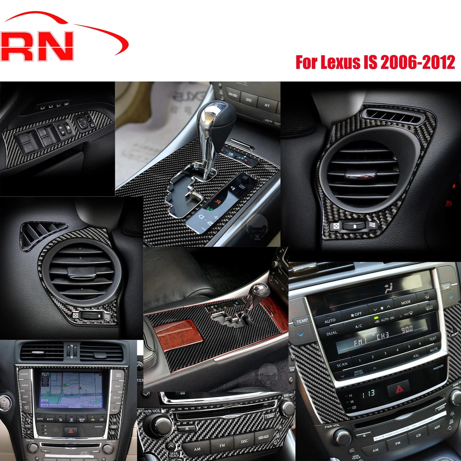 Per Lexus IS 2006-2012 Set completo di adesivi decorativi per accessori interni per auto in fibra di carbonio nera modificata