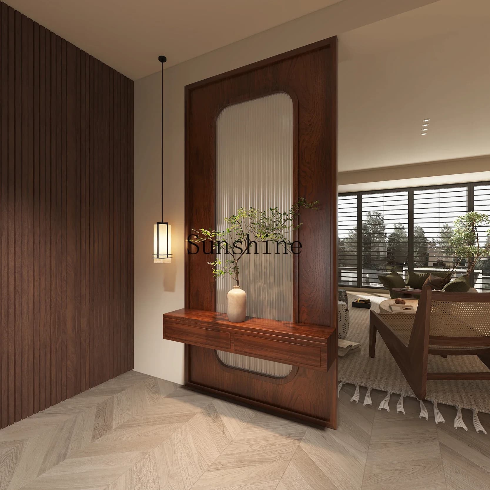 Nuovo schermo divisorio in vetro Changhong in stile cinese, portico d'ingresso del soggiorno, mensola semplice e moderna a forma di legno massello FT
