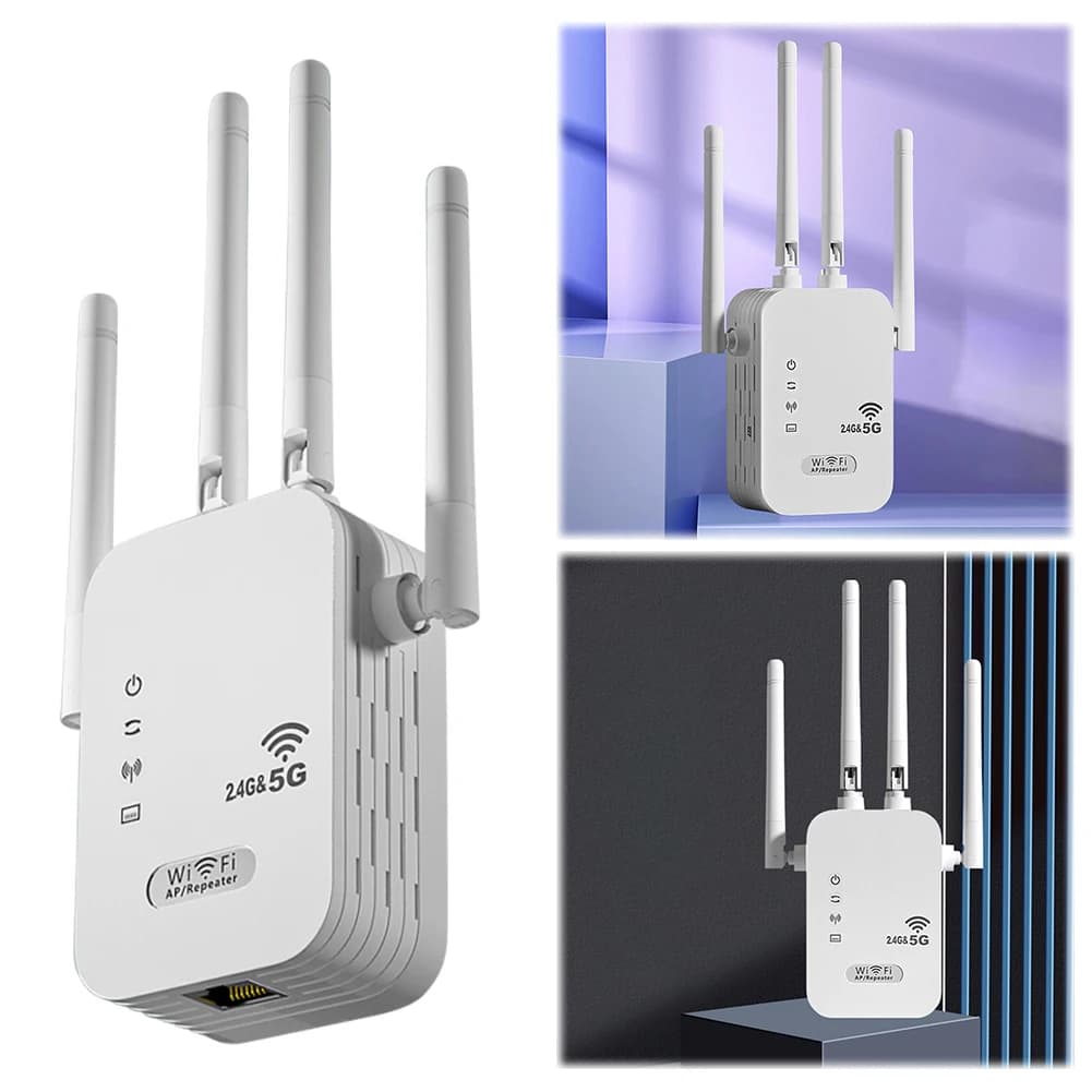 Ripetitore WiFi Wireless 1200Mbps con 4 Antenne, Dual-Band 2.4GHz/5GHz, Amplificatore di Segnale WiFi, Estensore di Rete per Casa e Piccolo Ufficio