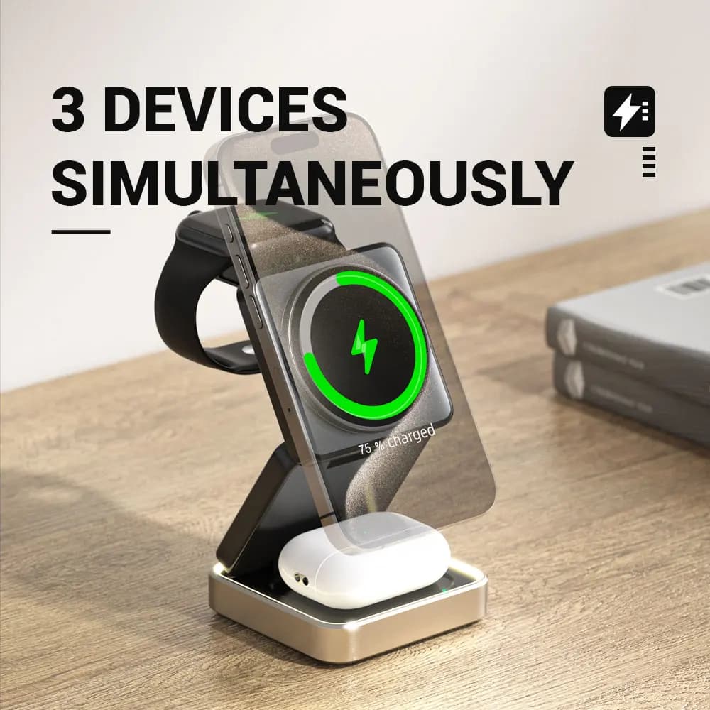 Supporto per caricabatterie wireless magnetico pieghevole 3in1 per iPhone Apple Watch AirPods Cuffie Stazione di ricarica rapida magnetica portatile