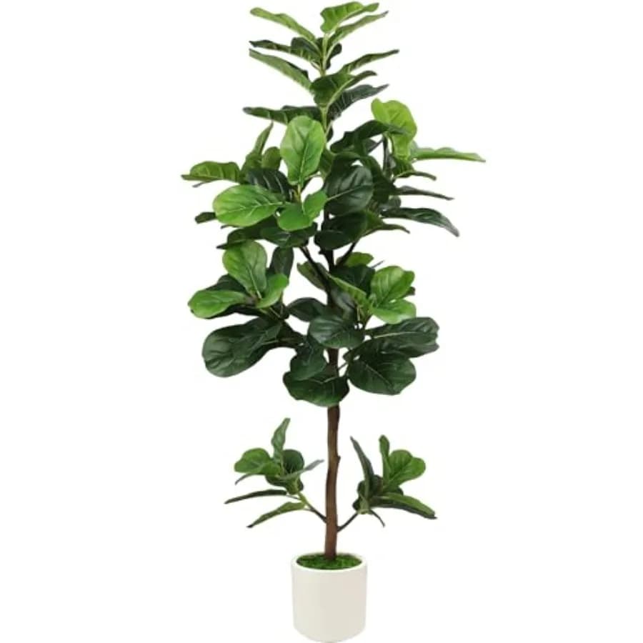 Ficus Lyrata Artificiale da 1,5 Metri con Vaso Bianco e Muschio Finto, Pianta Realistica per Interni