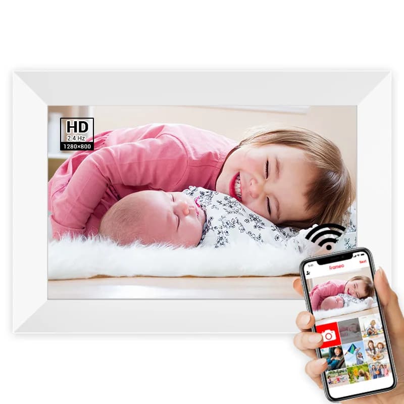 Cornice per foto digitali Frameo, cornice digitale intelligente WiFi da 10,1 pollici con touch screen HD IPS, rotazione automatica, invio foto da un