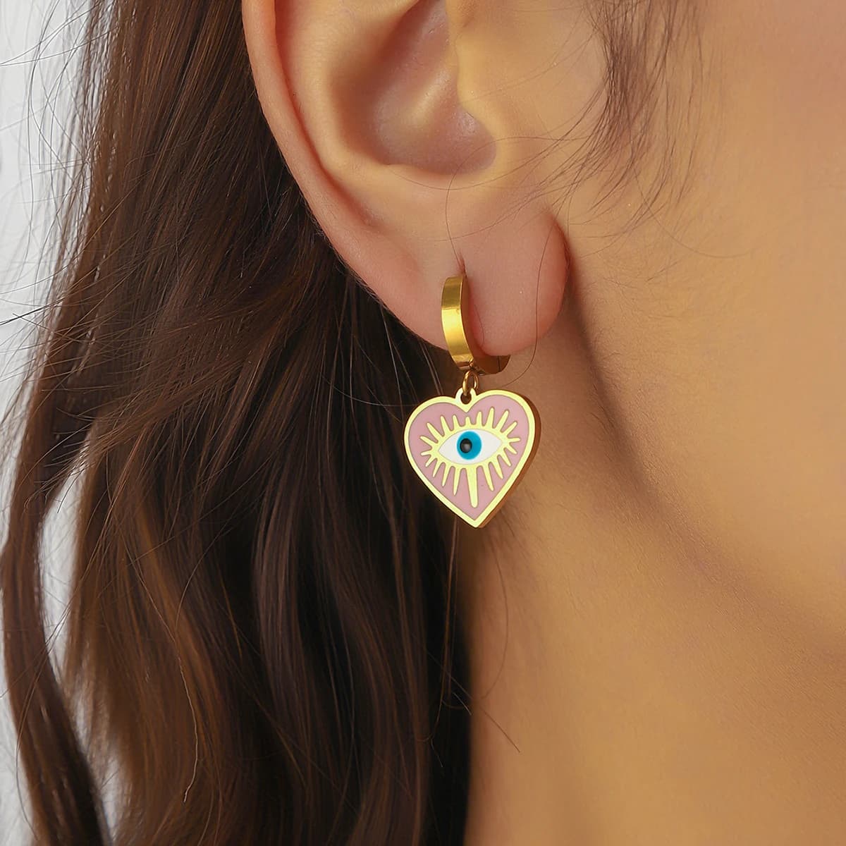 Orecchino dell'occhio del diavolo del cuore rosa dell'acciaio inossidabile 316L per il regalo dei gioielli della fibbia dell'orecchio dell'occhio del diavolo di nuova tendenza delle donne