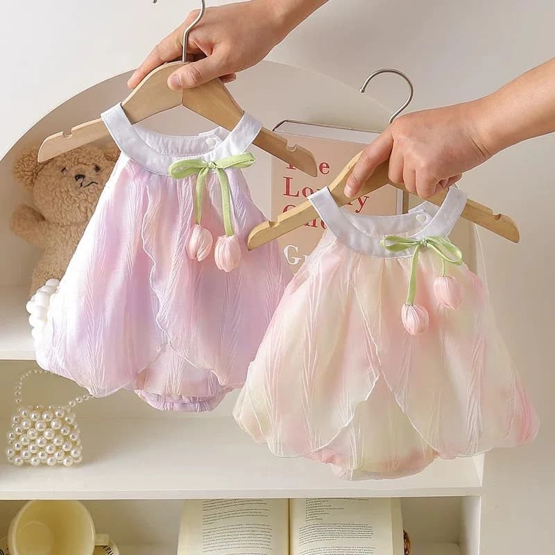 Adorabile Body Estivo per Bambine 0-24 Mesi con Decorazione a Tulipano, Abito Principessa con Bretelle Morbido e Traspirante per Neonata