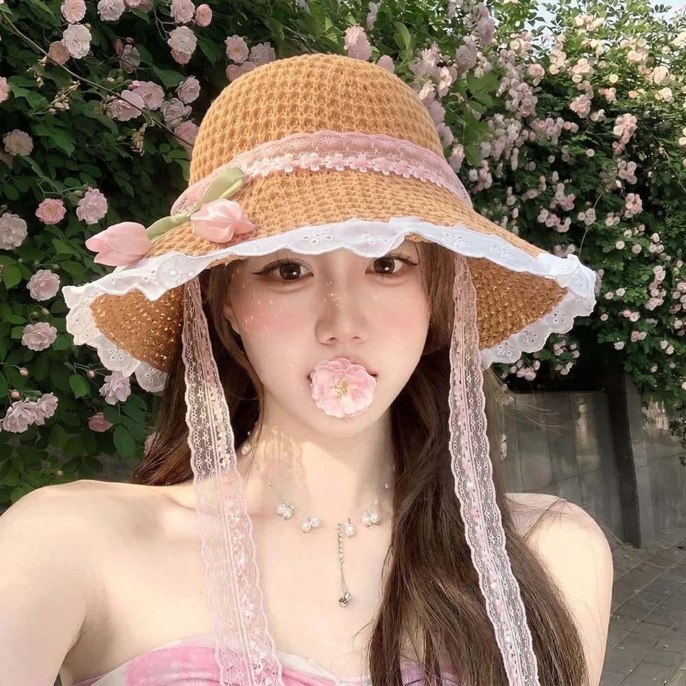 Nuovo Cappello di Paglia Tulip con Pizzo, Protezione Solare, Elegante Cappello Estivo a Tesa Larga