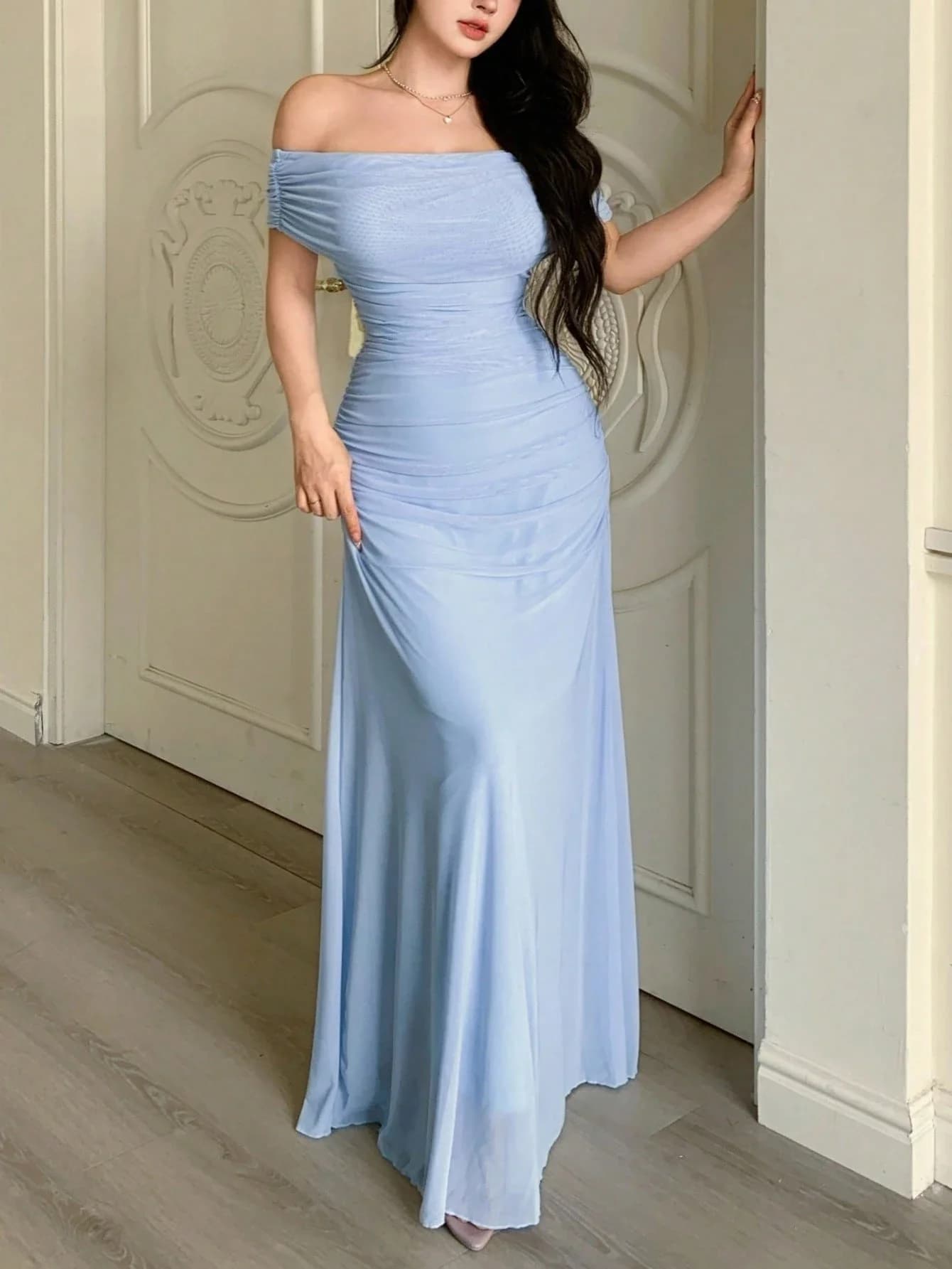 Off Shoulder Ruched Waist Elegant Floor Length Party Dress