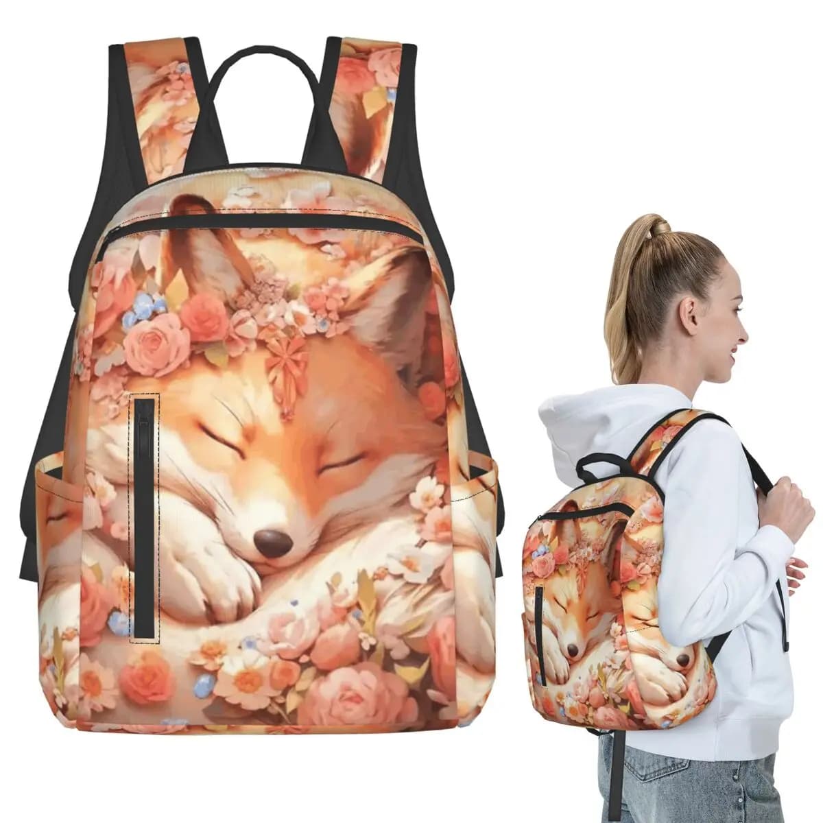 Zaino con stampa di volpe addormentata tra i fiori, borsa per libri per studenti, borsa per la scuola per bambini, borse a tracolla per computer, per uomo e donna