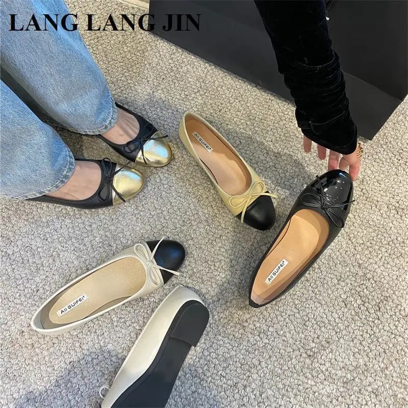 Moda punta tonda scarpe casual piatte appartamenti da donna balletto femminile ballerine con fiocco mocassini morbidi marca nero con beige classico Mujer