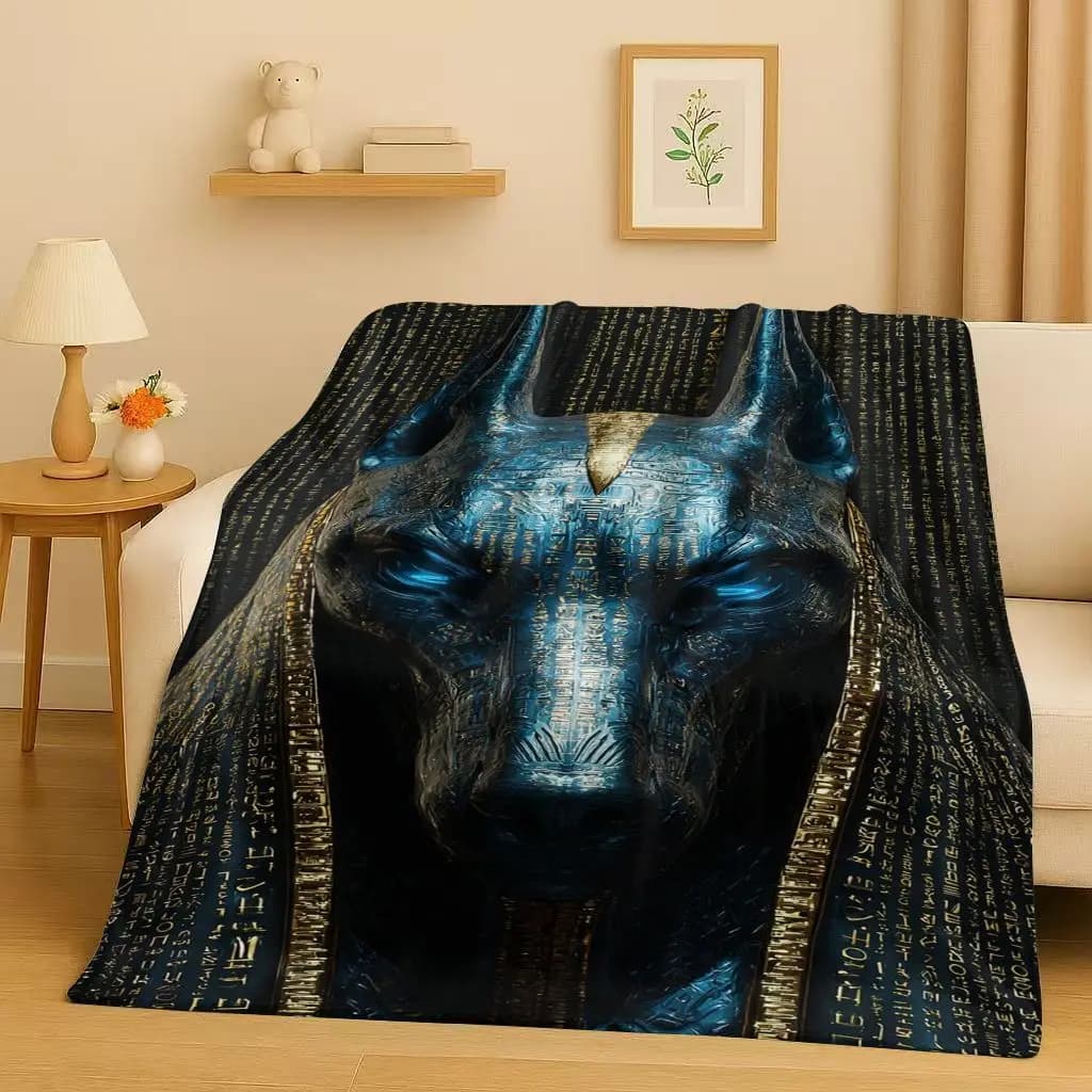 Coperta di flanella del fumetto della mitologia dell'antico Egitto del dio morto Anubis Faraone, coperta di peluche ultra morbida per la copertura del divano del letto della camera da letto di casa