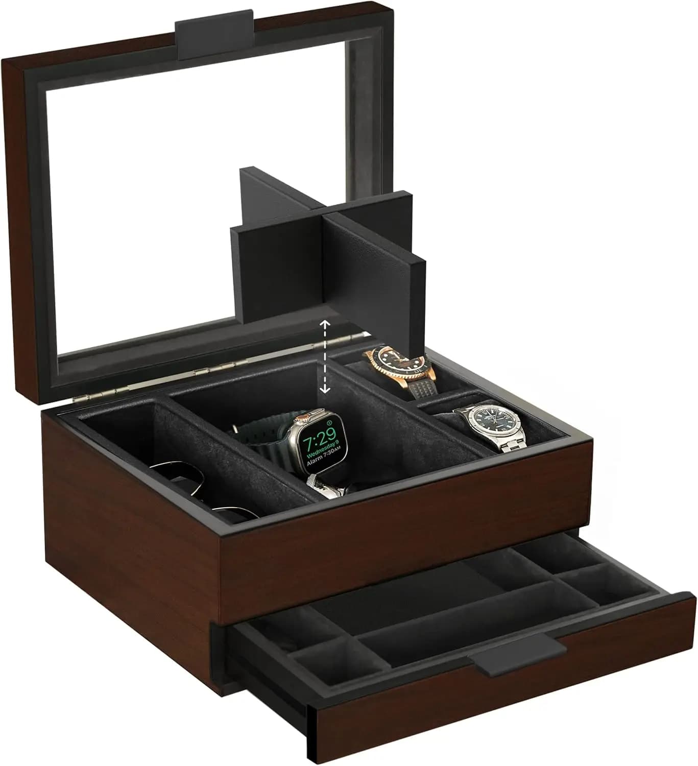 Scatola Porta Orologi in Legno di Ciliegio a 8 Scomparti con Vassoio Modulare, Supporto Compatibile per Apple Watch, Organizer per Uomo