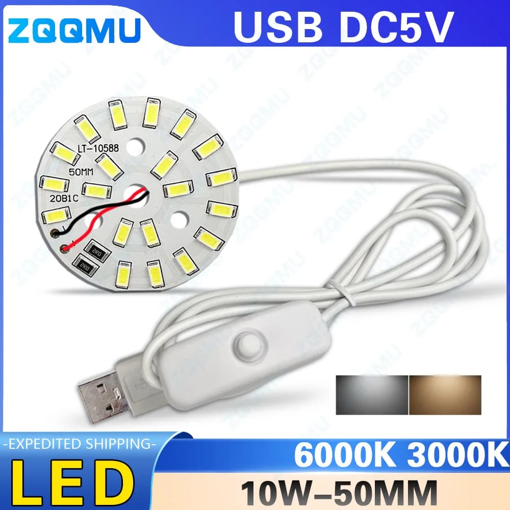 10W DC 5V USB LED 1 metro Lunghezza cavo 10W 50MM Interruttore Lampada da scrivania fai da te Camera da letto Lettura USB Luce notturna Lampada da tavolo