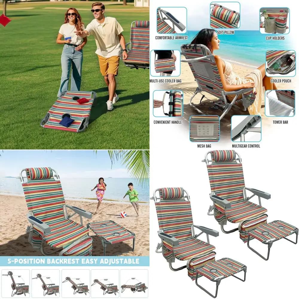 Set di 2 Sedie da Spiaggia con Zaino, Tavolo Pieghevole da Campeggio e Borsa Termica, Sdraio a 5 Posizioni per Relax all'Aperto
